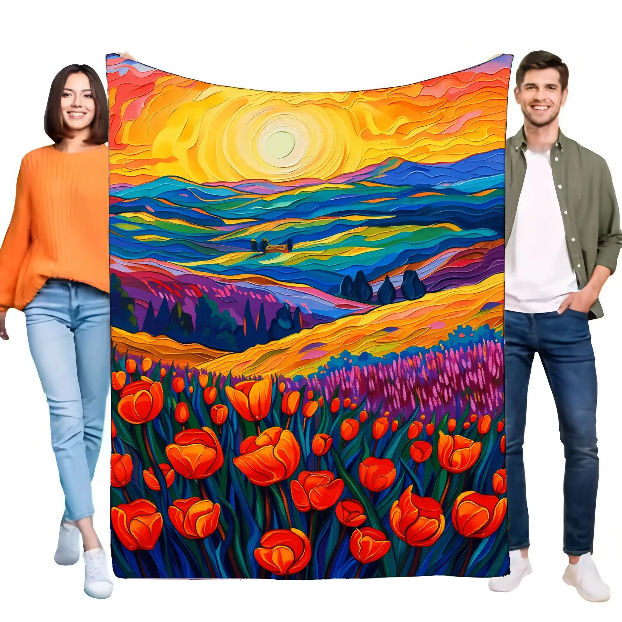 Lebhafter Wandteppich mit Blumenlandschaft, bunter Sonnenuntergang, hängende Wandkunst für Heimdekoration, gemütliche Decke für Sofa, Bett, perfektes Geschenk für N