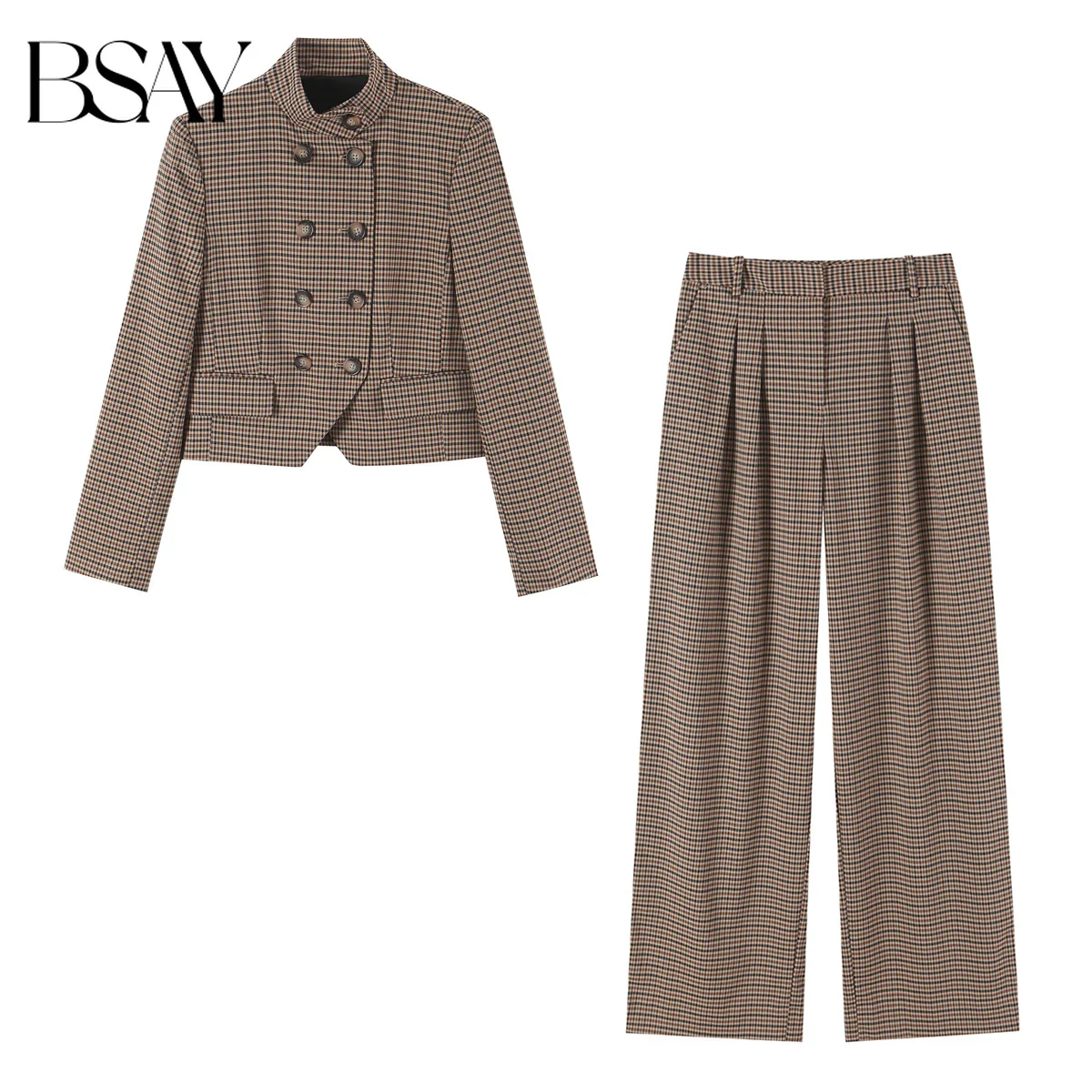 BSAY 2026 New Vintage Women Plaid 2 Piece Outfit Mandarin Collar Double Breasted Cropped Jacket Wide Leg Pants Casual Suit Set