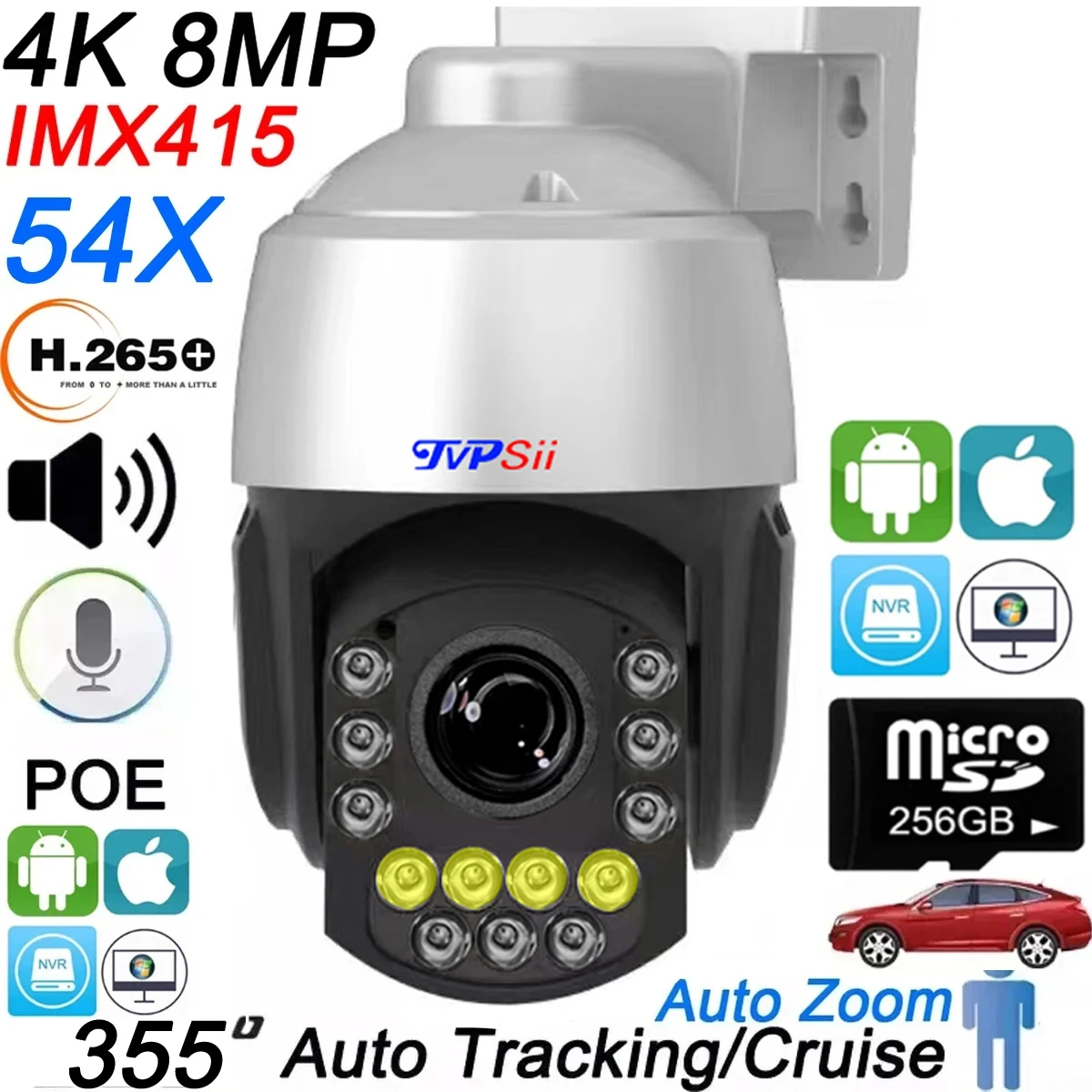 Full Color Max.256G Auto Tracking 8MP 54X Zoom 355° Rotation Audio Outdoor ONVIF POE PTZ IP Surveillance Speed Doom CCTV Camera