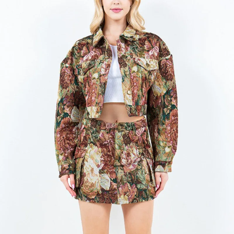 HKSH Damen Tide Streetwear Stilvoller Umlegekragen Langarm Bedruckte kurze Jacke Lässige trendige Taschen Miniröcke HK8153