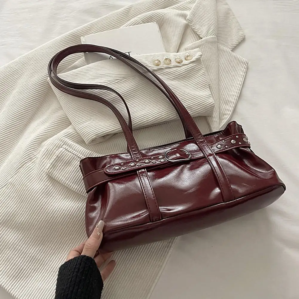 Rivet-Gürtelschnalle, Unterarmtasche für Damen, große Kapazität, einfarbig, Schultertasche, Retro-Handtasche für den täglichen Gebrauch. – Detail 26