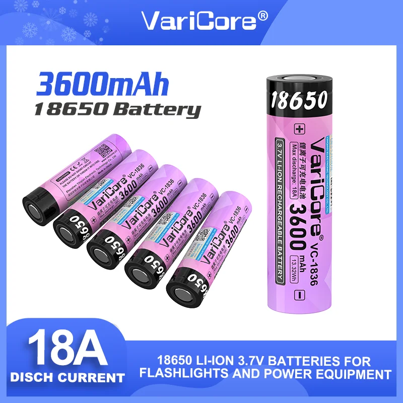 VariCore VC-1836 3.7V Li-Ion 18650 Baterai Lithium 3600MAh Baterai Isi Ulang 18A Saluran Tinggi untuk Lampu Senter Vaping