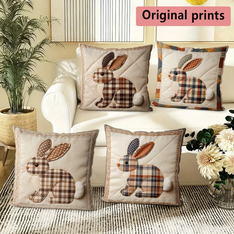 

Plaid Bunny Patchwork Square Pillow Covers Pattern Cushion Cover Suitable For Sofa Bedroom Car Pillow Cover