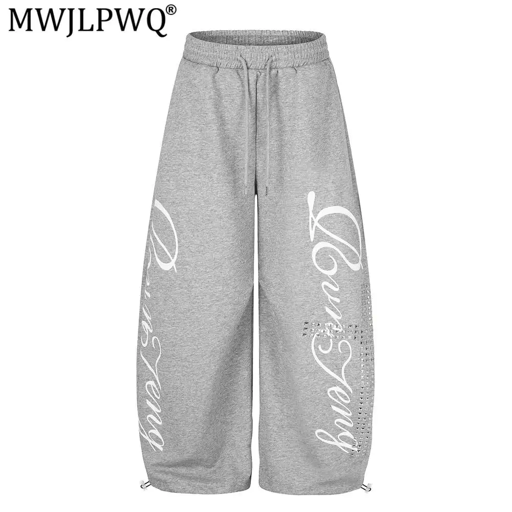 MWJLPWQ Fashion Rhinestone Rivet Wide-Leg Curved Hem Pants For Men Casual High Street Design Unique Loose-Fitting Trousers 17396