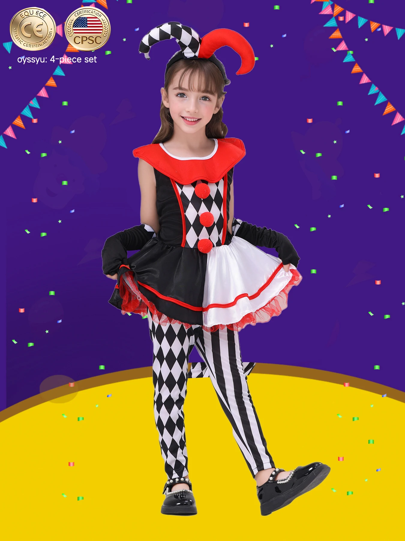 

(EU and US child safety certification) High Quality Girl's Versatile Clown Dress Cosplay Costume Suit Christmas Carnival Party