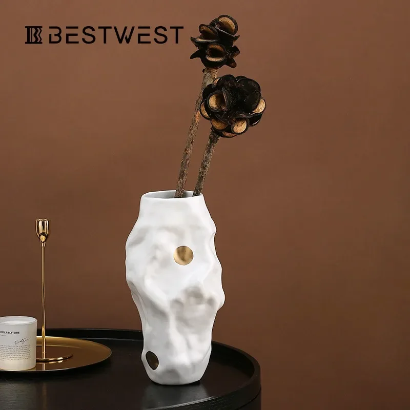 Postmodern art pleated ceramic vase tabletop ornament high-end light luxury soft decoration flower ware