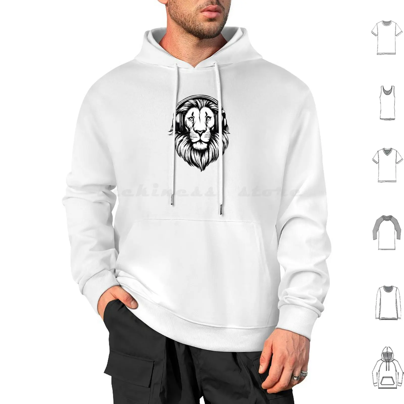 Cool Lion Big Cat In Headphones Listening To Music D08 Hoodie cotton Long Sleeve Lion Cat Кот Лев Big Cat Headphones