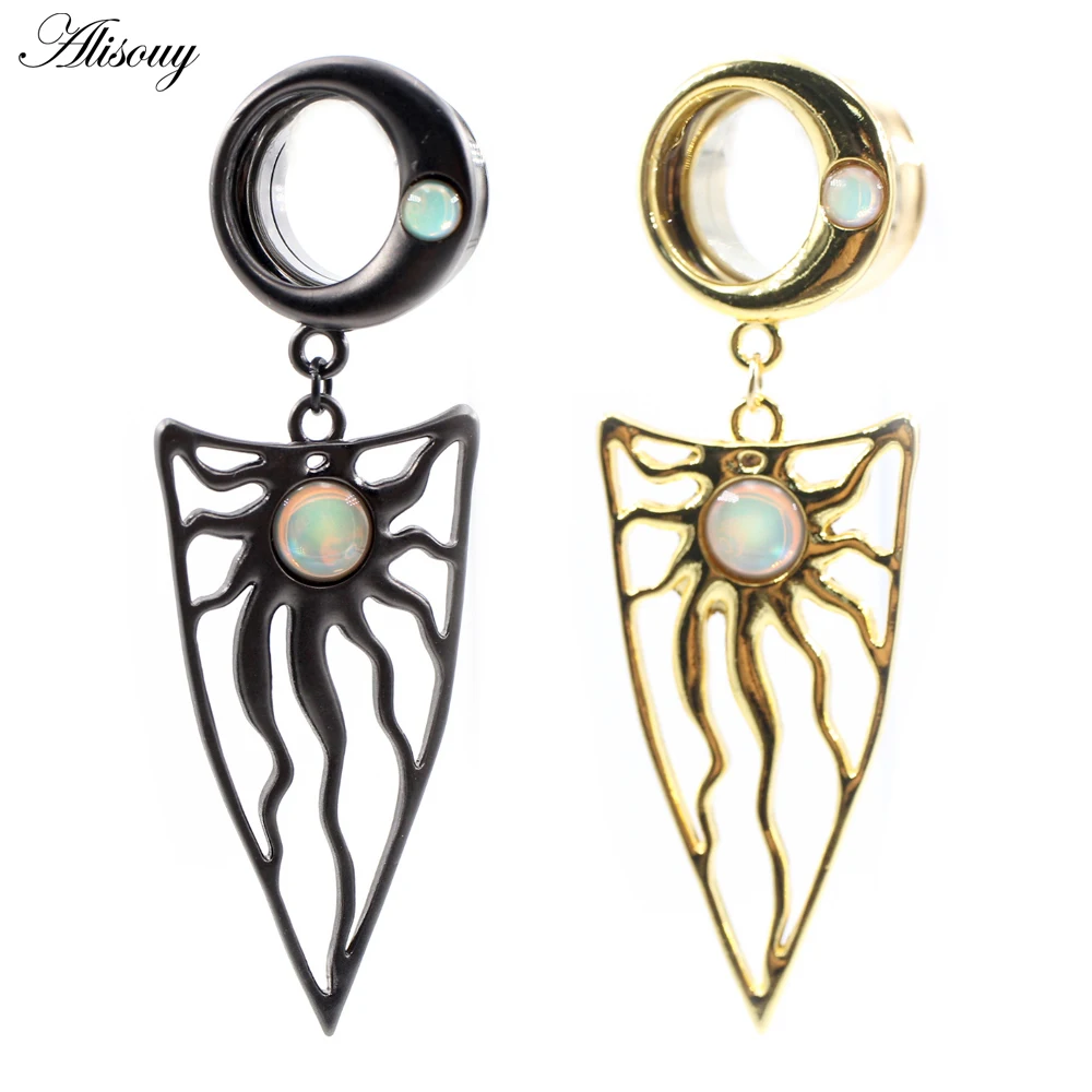 Alisouy 2PCS Stainless Steel Moon Sun Opal Triangle Ear Tunnels Plugs Expander Stretcher Gauge Earrings Piercing Body Jewelry