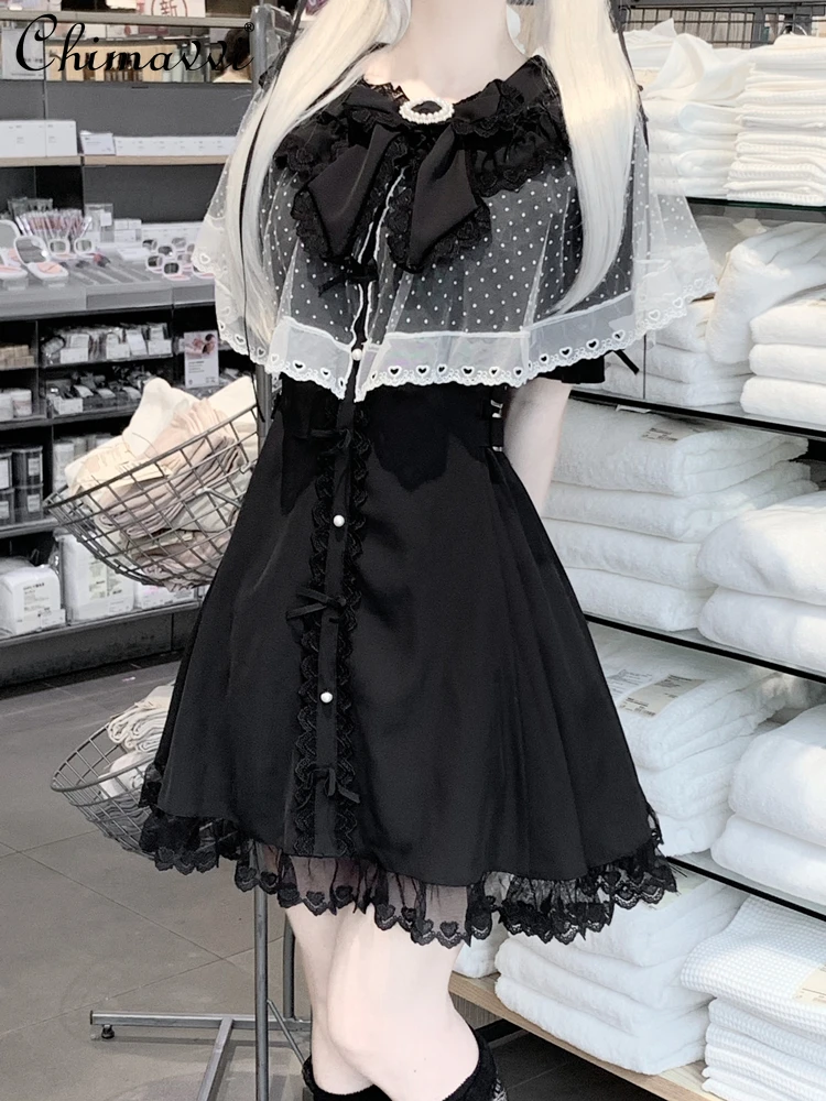 

Japanese Mine Mass-Produced Sweet Girl's Veil Cloak Lace Short Sleeve Dress Summer New Lolita Women's Slim Short A-line Dresses