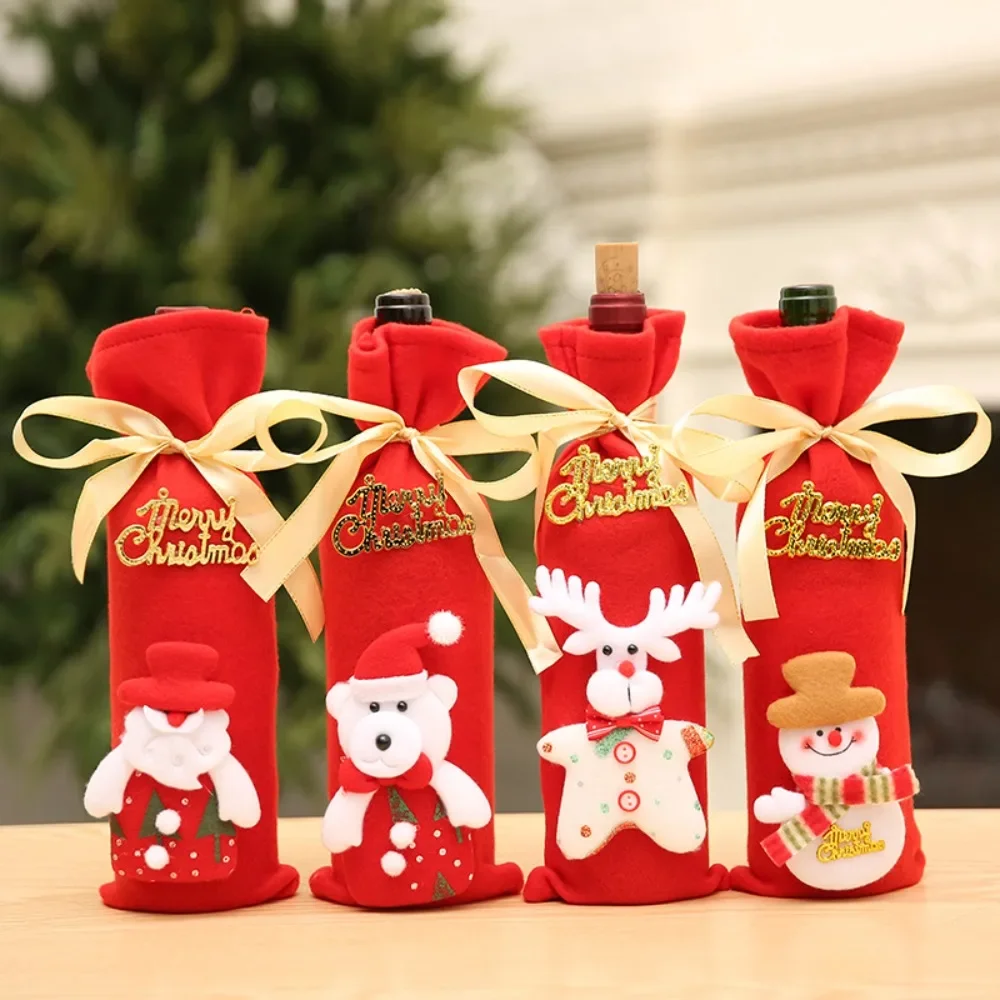 Christmas Wine Bottle Set Golden Velvet Dress Wine Bottle Covers Sleeve Santa Snowman Xmas New Year Dinner Table Decor 2024