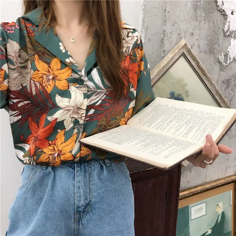 Fashionable Casual Printing Women's Clothing V-neck Button Straight Blouses Tops Summer Thin Loose Short Sleeve Floral Vintage