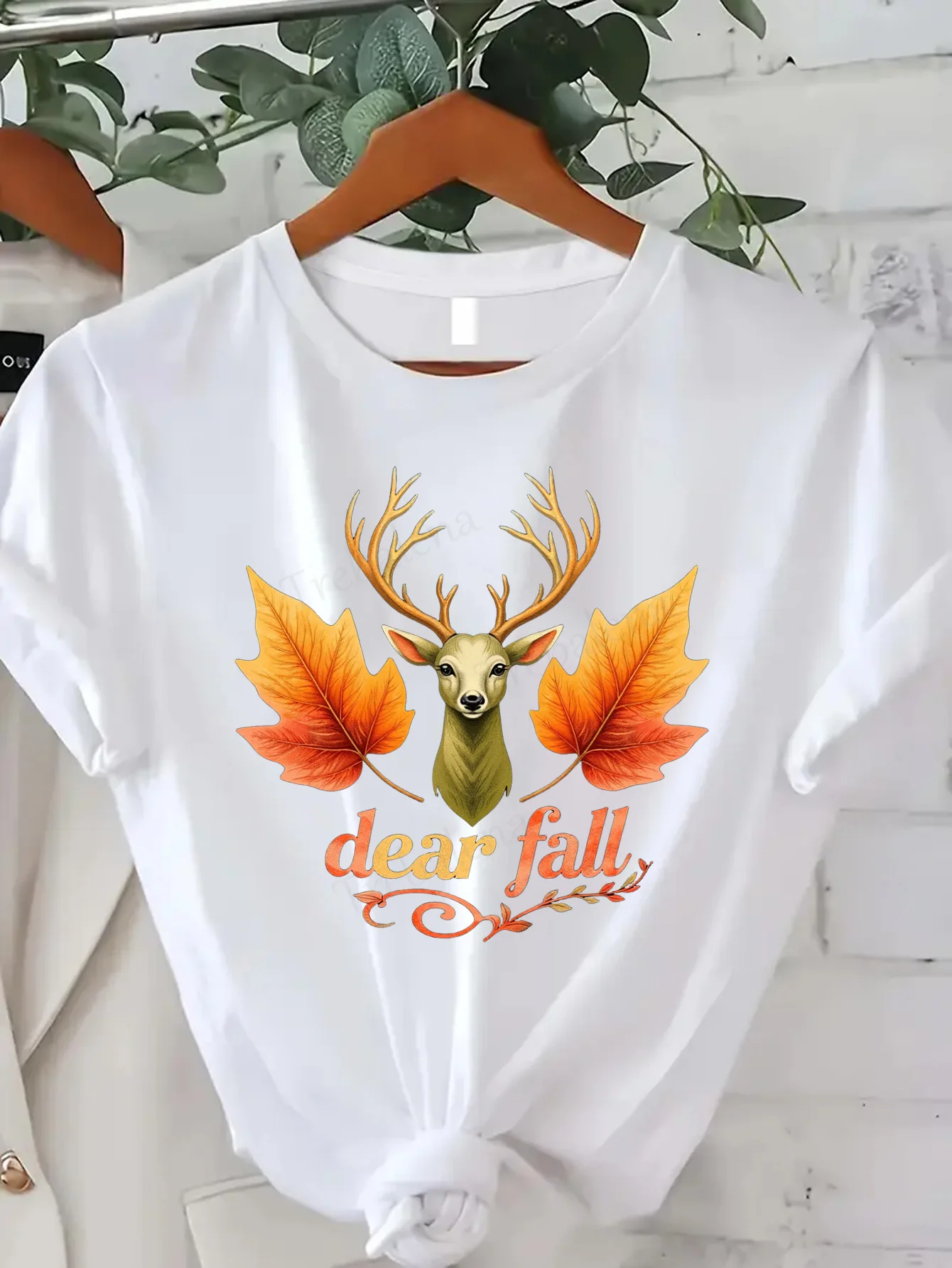 Bequemes Damen-T-Shirt mit Aufdruck „Dear Fall Deer“-Aufdruck-T-Shirt mit Herbstblättern-Design für Damen, lässiges T-Shirt