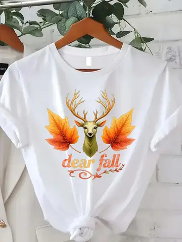 Comfortable Women's Print T-shirt Dear Fall Deer Print T-Shirt Autumn Leaves Design Women's Casual Tee