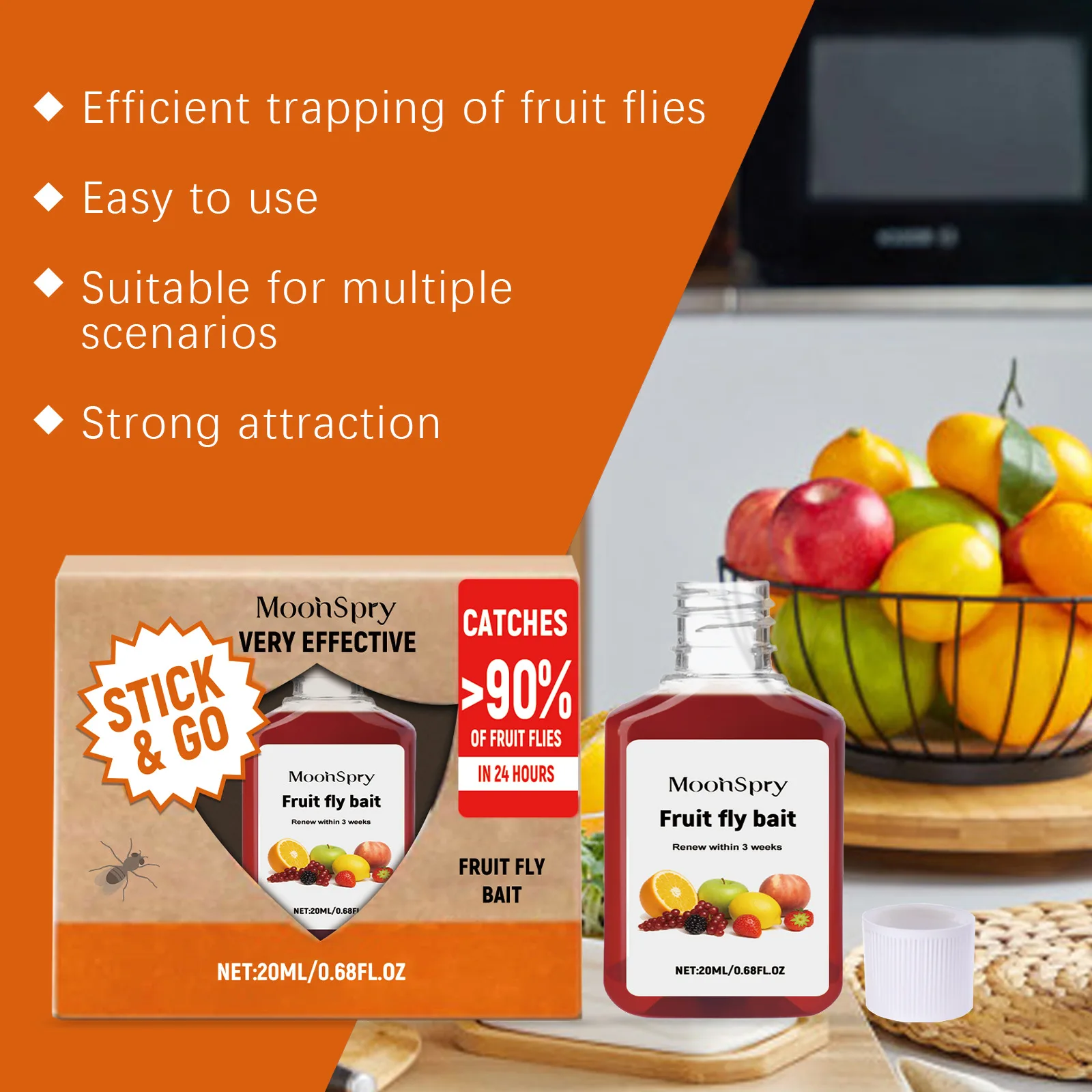 MOONSPRY Cebo para moscas de frutas, trampa para el control de plagas de cocina, atrayente eficaz para moscas de frutas |   Fórmula segura no tóxica |   3 semanas de larga duración