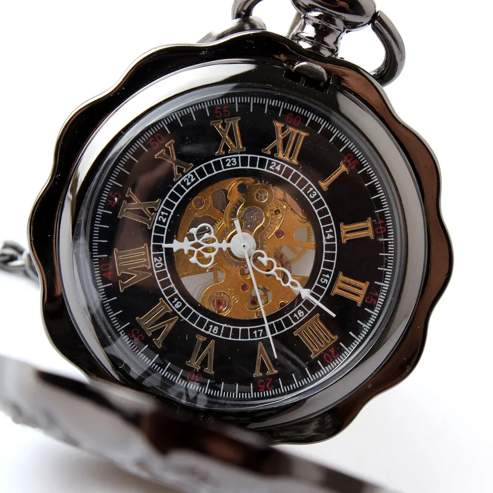 Black Full Steel Luminous Mechanical Pocket Watch Steampunk Vintage Hollow Analog Skeleton Hand Winding Mechanical Pocket Watch