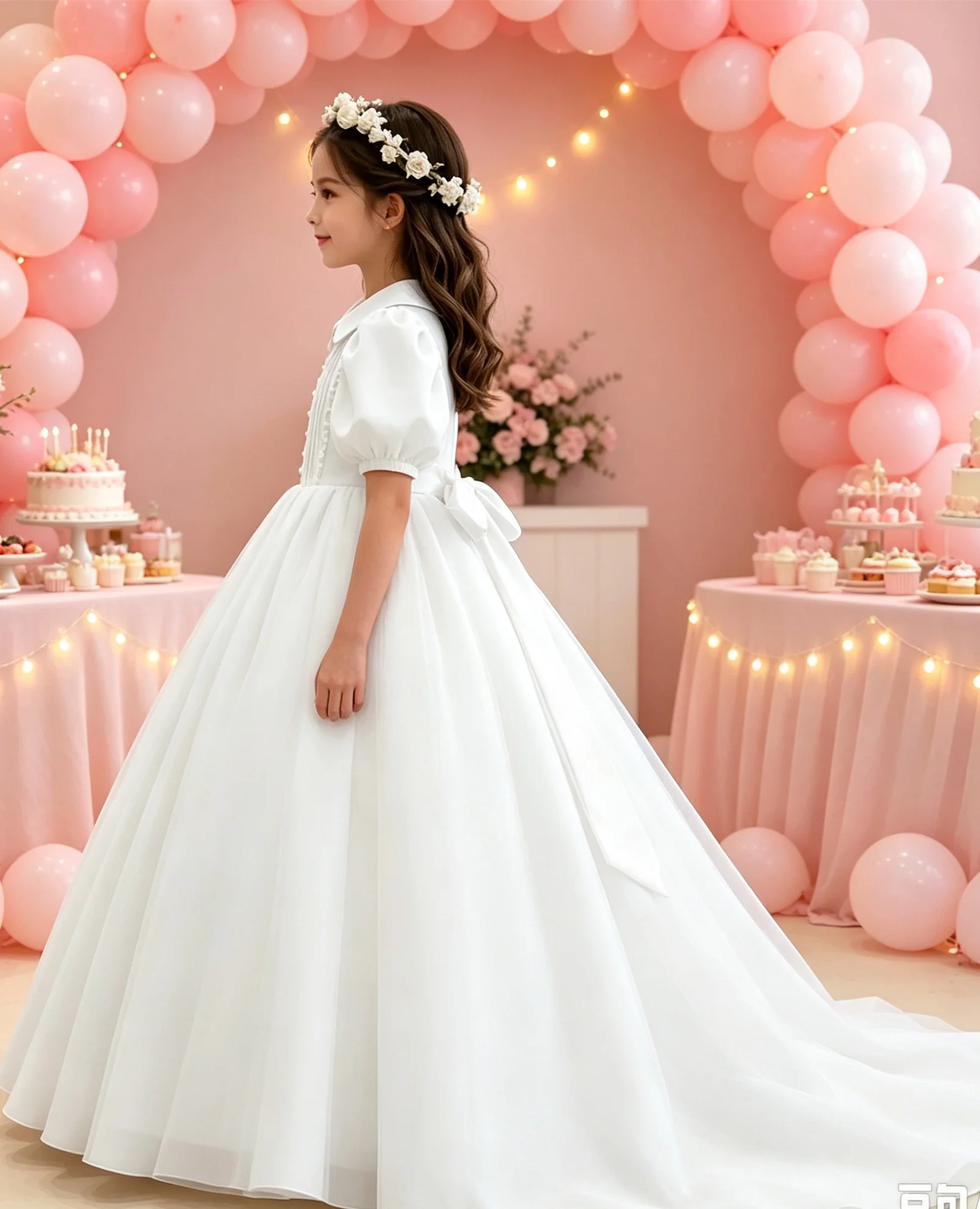 Classic Flower Girl Dresses for Wedding High Neck with Bow  Floor Lenght Girls Birthday Party First Communion Gown Custom