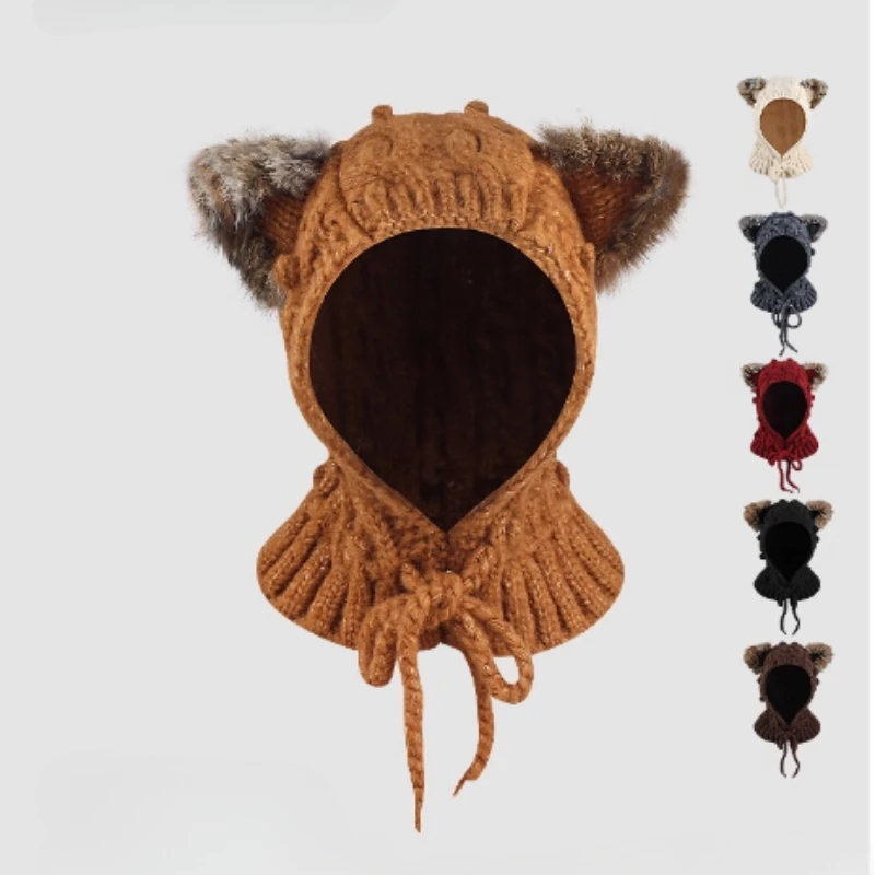 

Нишевая шапка-балаклава с кроличьим мехом, связанная крючком, защитная шапка для ушей кошачьих ушей для женщин, зимняя теплая шапка-бомбер на шее, интегрированная вязаная шапка-бомбер на шнуровке