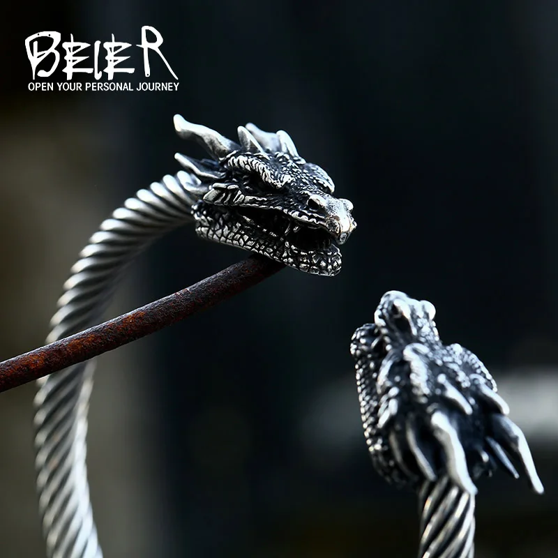 BEIER 2022 New Unique Design Stainless Steel Double Dragon Heads Bracelet Punk Cool Bangle For Men Animal Biker Jewelry Gift