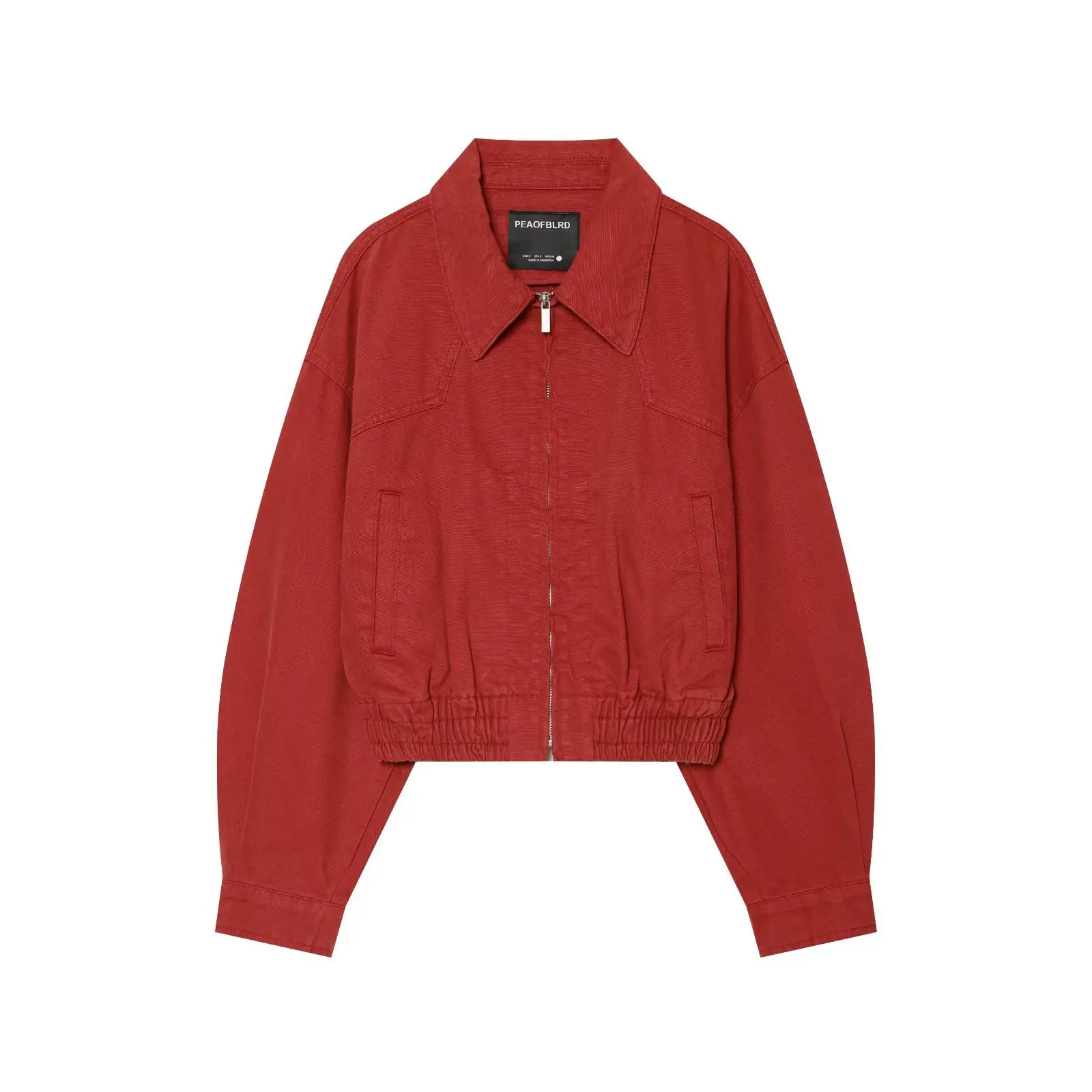 Retro Red Canvas Cropped Bomber Jacket Point Collar Full Zip Elastic Waistband Drop Shoulder Loose Vintage Casual Outerwear
