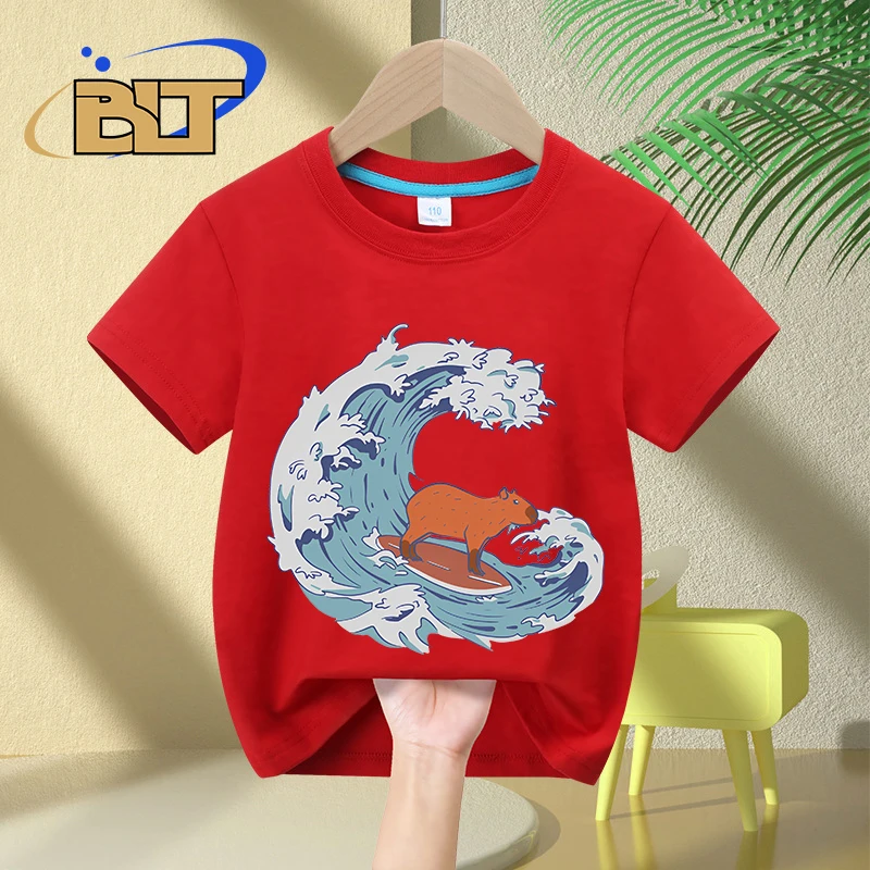 Funny Cute Giant Capybara Japanese Wave cartoon print kids T-shirt summer children's cotton short-sleeved casual tops