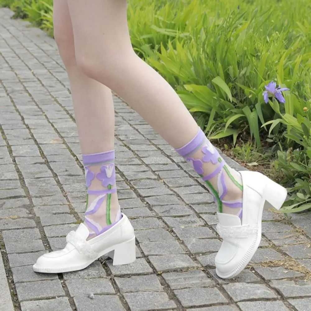 Chaussettes de mollet en verre à fleurs pour femmes, bonneterie de style coréen, chaussettes transparentes, respirantes, absorbant la sueur, résistantes à l'usure, simples