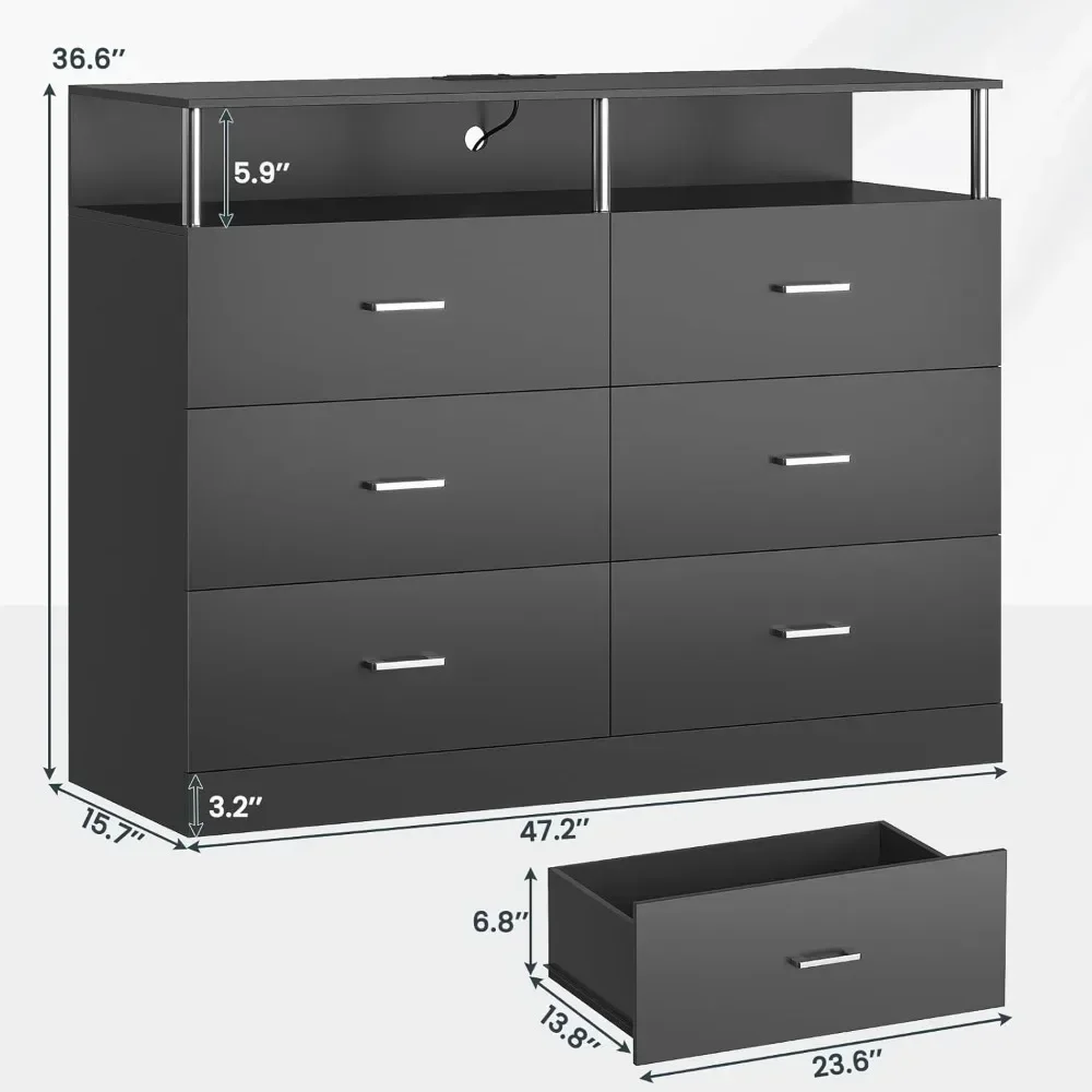 Black Dresser for Bedroom with 6 Drawers, Dressers & Chests of Drawers with Column Design & Charging Station, Modern Bedroom