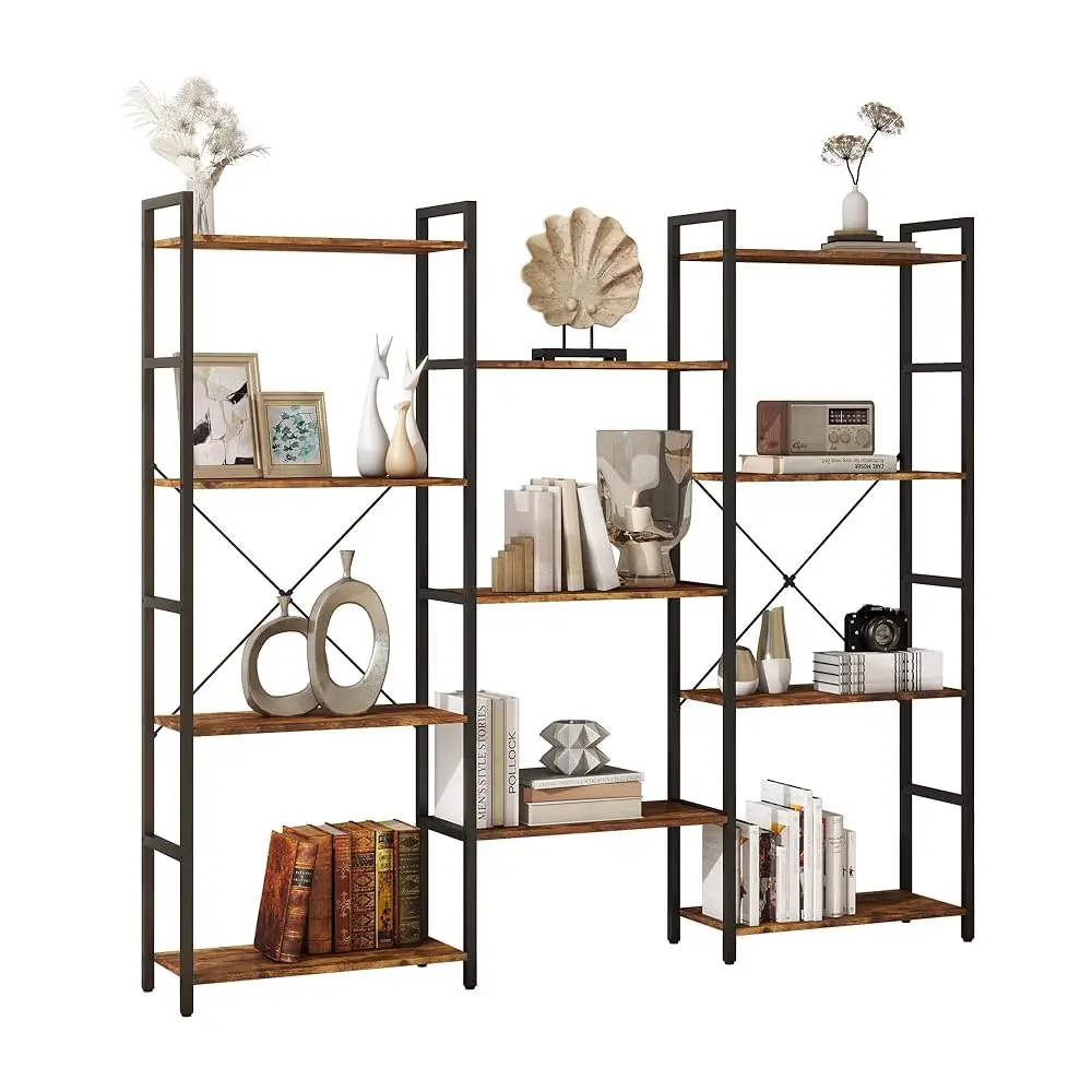

Triple 4/5/6 Tier Bookshelf, Industrial Bookcase With 11/14/17 Open Display Shelves Wide Book Shelf Book Case With Metal Frame