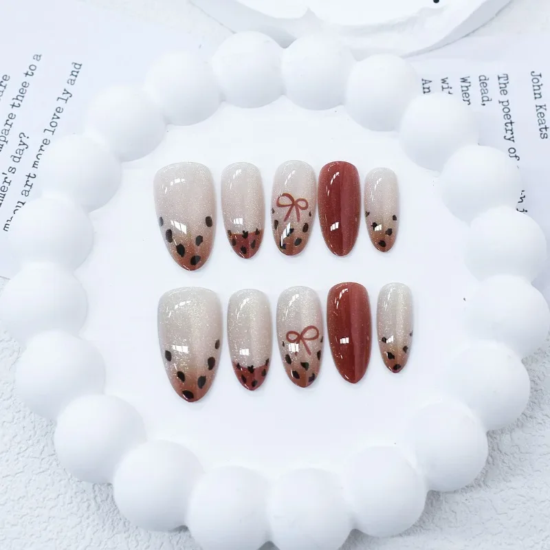 10Pieces Almond Semi-handmade Press on Nails Maillard Style Leopard Bow Design French Nail Tips for Women&Girls Daily Wear Art