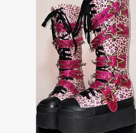 

Холщовые лоскутные женские сапоги до колена с круглым носком и пряжкой на платформе, увеличивающая рост подошва, дизайн на шнуровке, обувь большого размера