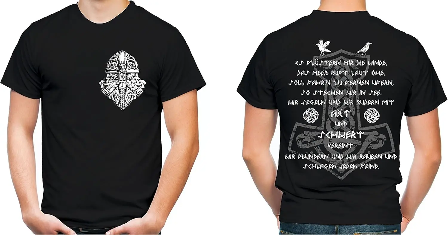 Norse Myth Mjollnir Rune Nordic Warrior Axe and Sword Ragnar T-Shirt 100% Cotton O-Neck Short Sleeve Summer Casual Mens T-shirt