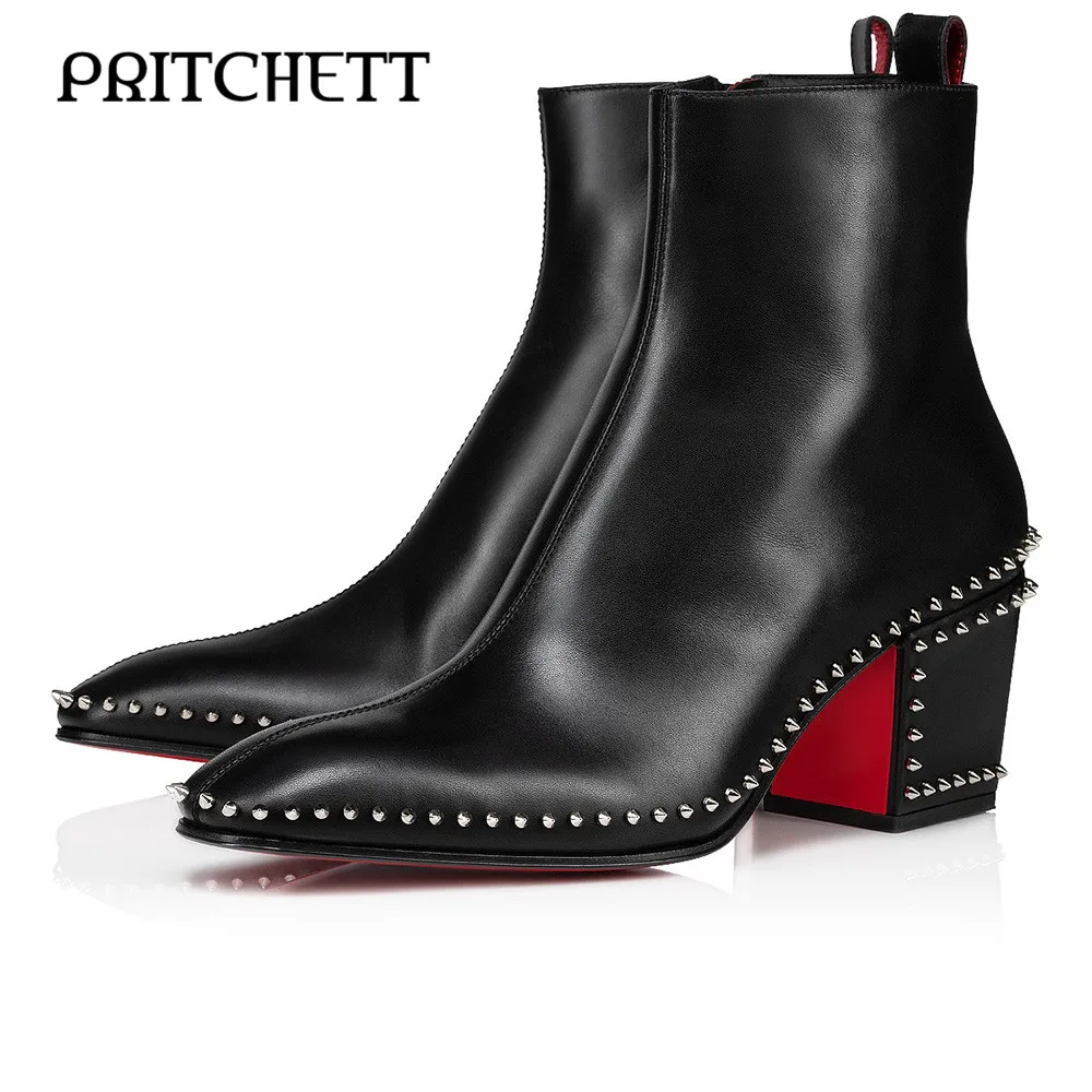 

Riveted Black Leather Boots Square Toe Thick High Heel Side Zipper Short Boots Large Size Fashionable Personality Men's Boots