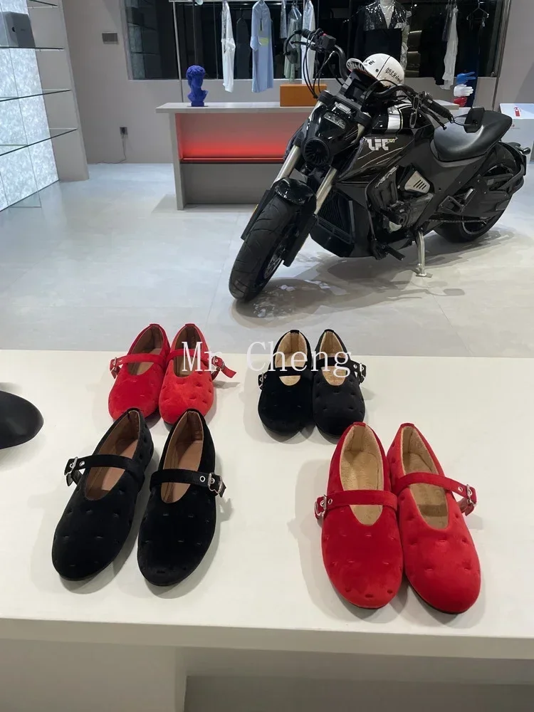 2024 Autumn New Women's Ballet Flats Retro Red Double Belt Buckle Decoration Casual High Quality Big Size Lady Mary Jane Shoes image 6