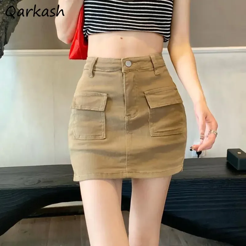 

Cargo Mini Skirts Women Safari Style Pockets Summer Girls 5 Colors Slim High Waist All-match Denim Streetwear Fashion Ulzzang