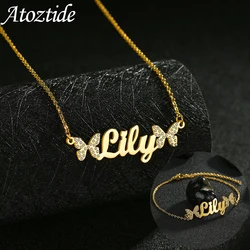 Atoztide Customized Jewelry Set Necklaces Zircon Stone Bracelets Stainless Steel Name Butterfly Chain for Women Party Gift