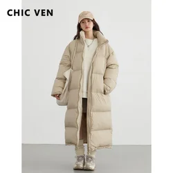 CHIC VEN-Casaco solto longo de pato branco feminino, casaco quente, gola em pé, moda sólida, outono, inverno, novo, 2024