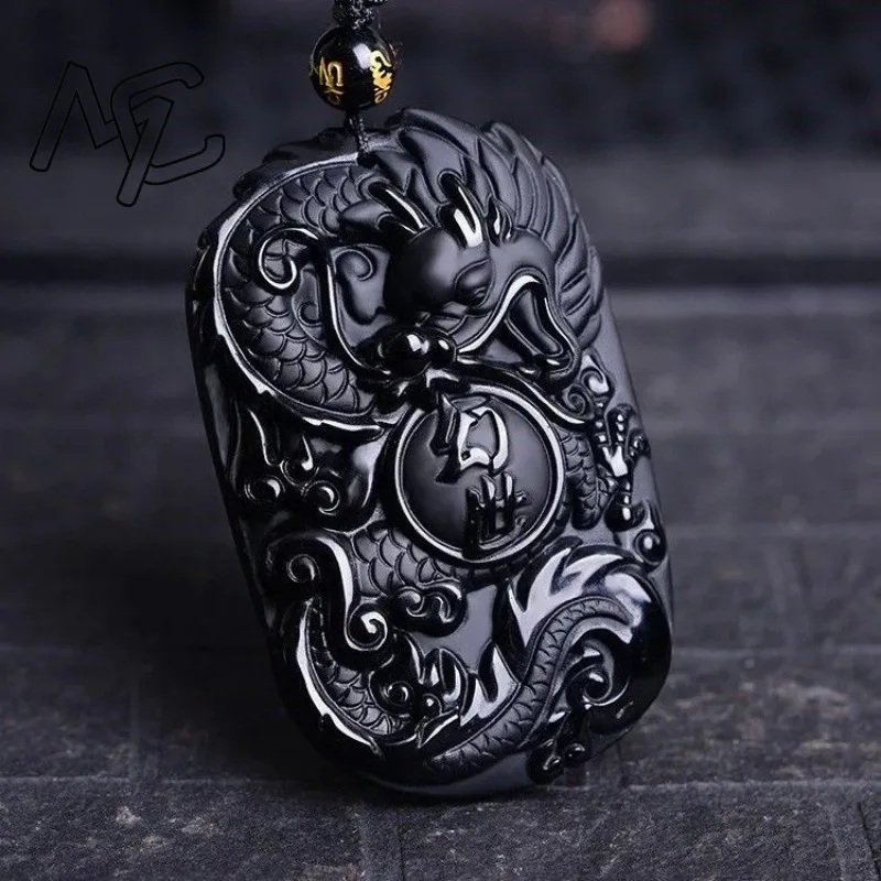 

Natural Black Obsidian Dragon Pendant Chinese Zodiac Necklace Fashion Charm Jewellery Carved Pixiu Amulet Gifts for Women Men