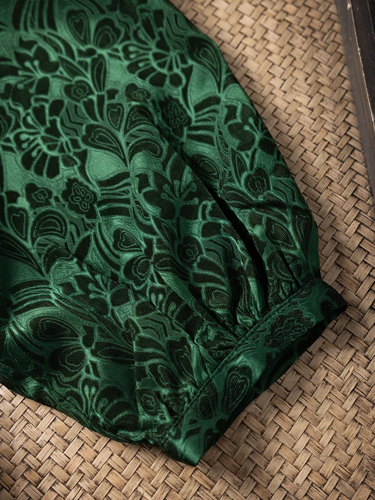 Comfortable Temperament Dark Green 50% Natural Mulberry Silk 50% Viscose Jacquard Satin Round Neck Long Sleeved Dress