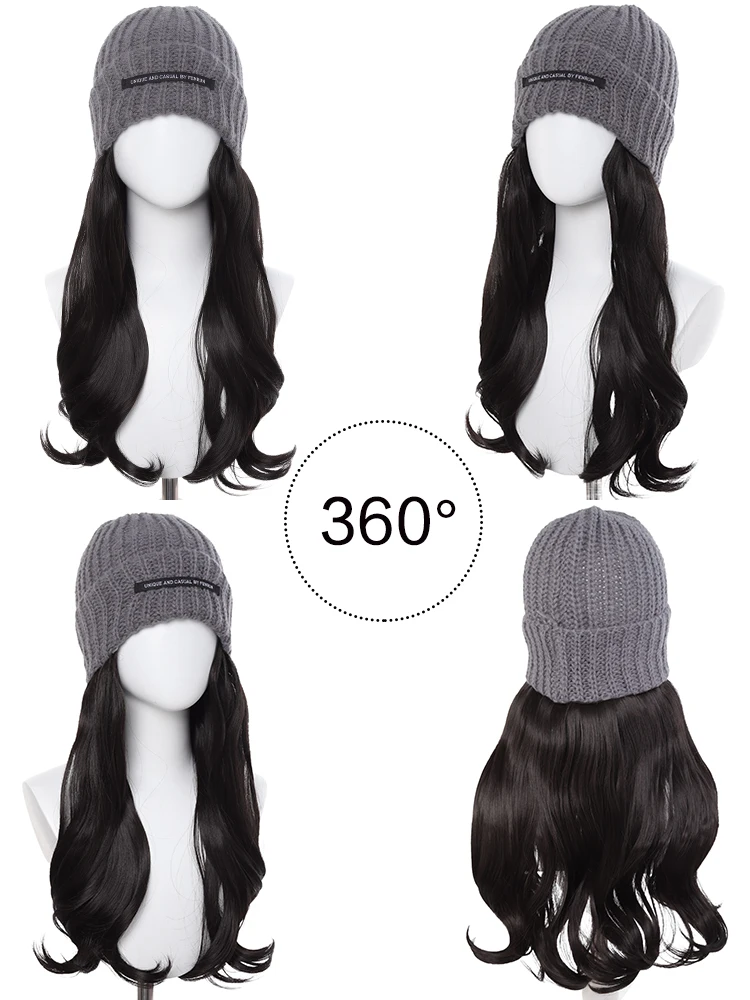 Synthetic Knitted Hat with Wavy Hair Extensions Wig Natural Wave Hair with Soft Beanie Hairpiece for Women Daily Use Winter Wig