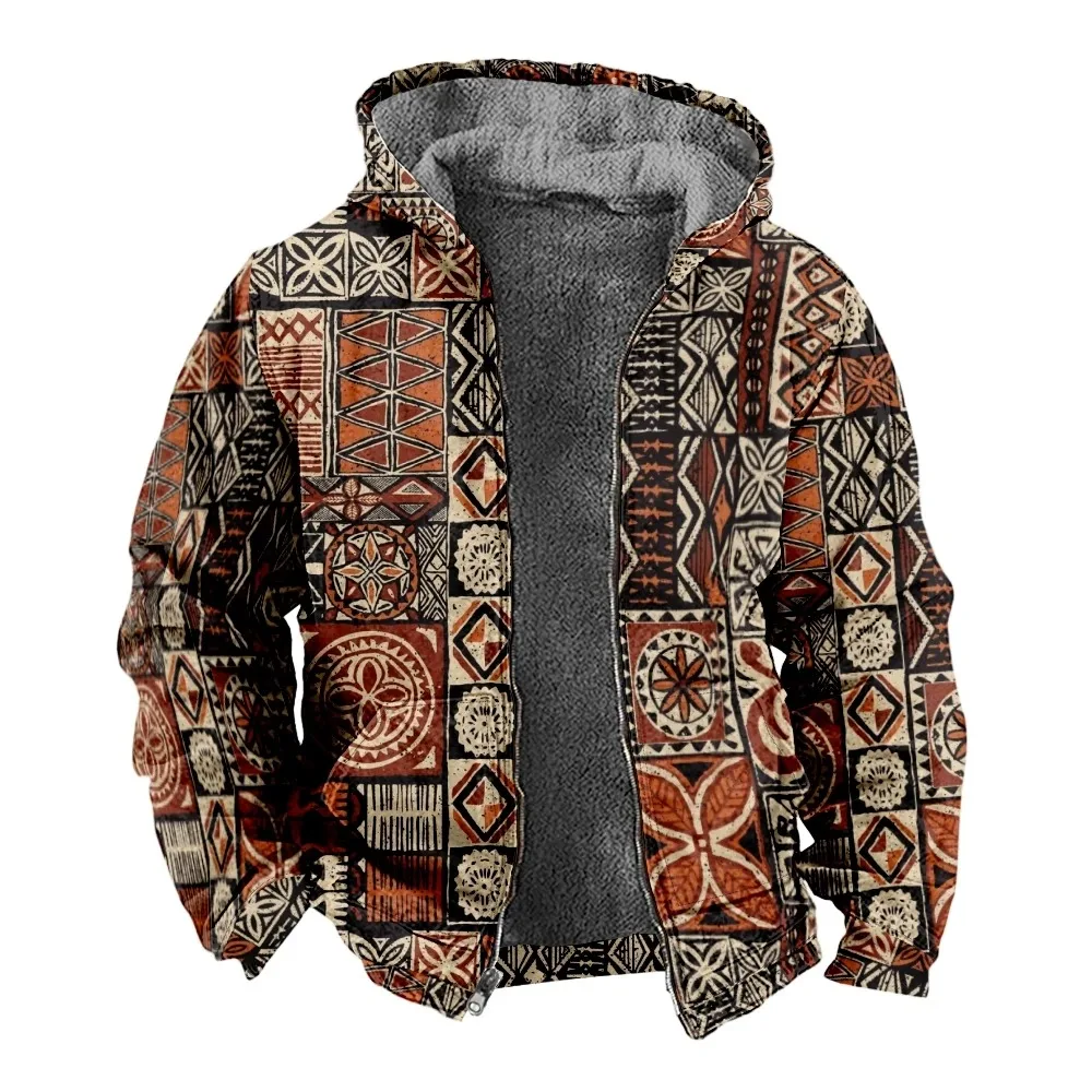 Autumn Winter Fleece Zip Up Hoodies Vintage Tapa Tribal Graphics Digital Print Men Parka Coats Jackets Outerwear Sweatshirts