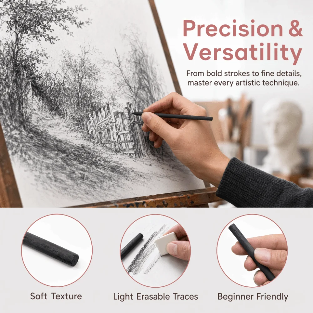 20PCS Bucket Packed Charcoal Sticks Soft Textured Rods Smudge Friendly Effect Art Drawing Carbon Sticks Smooth Mark