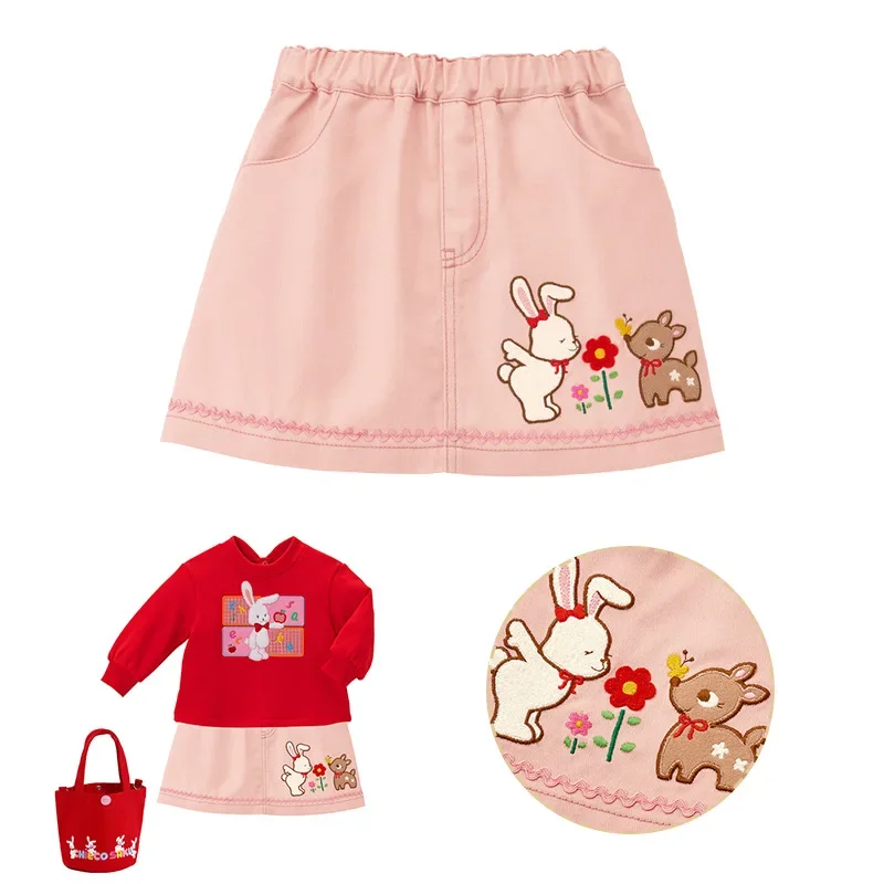 Kawaii Clothes  Pink Skirt Spring Autumn 2022 New Girl CS Cartoon Big Bunny Flower Embroidered Skirt for Kids