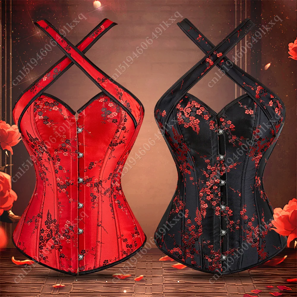 Corset Top Bustier Halter Straps Vintage Gothic Corset for Women Overbust Burlesque Costume Floral Corset Waist Black Red