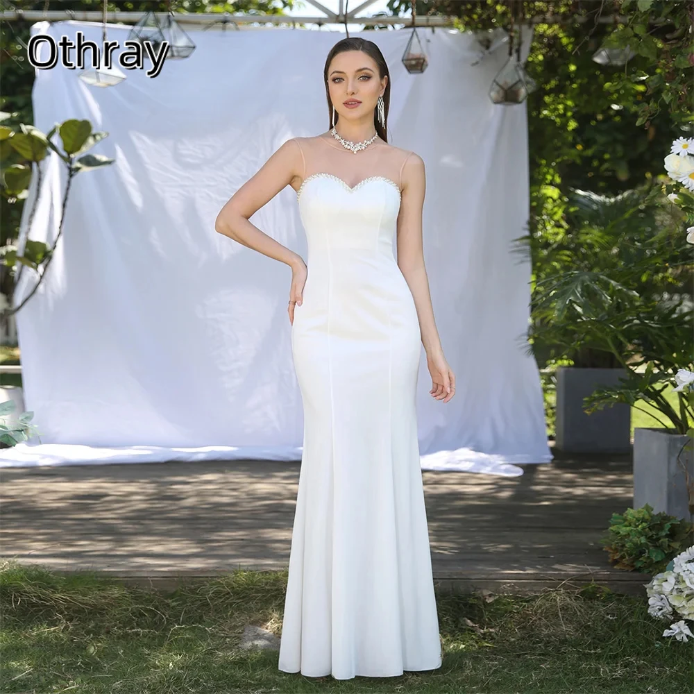 

Othray Elegant Satin Beaded Mermaid Wedding Dress Long Summer Floor Length Sleeveless Illusion Engagement Party Bridal Gown