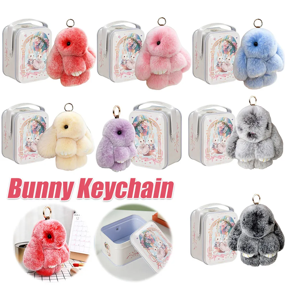 Charming Soft Plush Rabbit Keychain with Tin Box Bunny Lucky Keyring Car Handbag Backpack Bag Charm Birthday Easter Gift