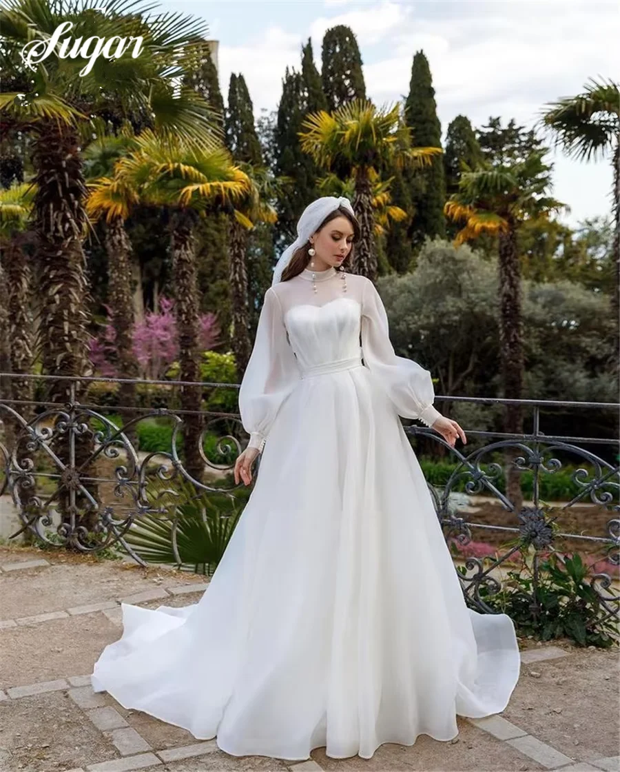 Customized High Neck A-Line Long Sleeves Wedding Dress with Belt Fashion Style 2026 Long Organza Bridal Dress Vestido Longo