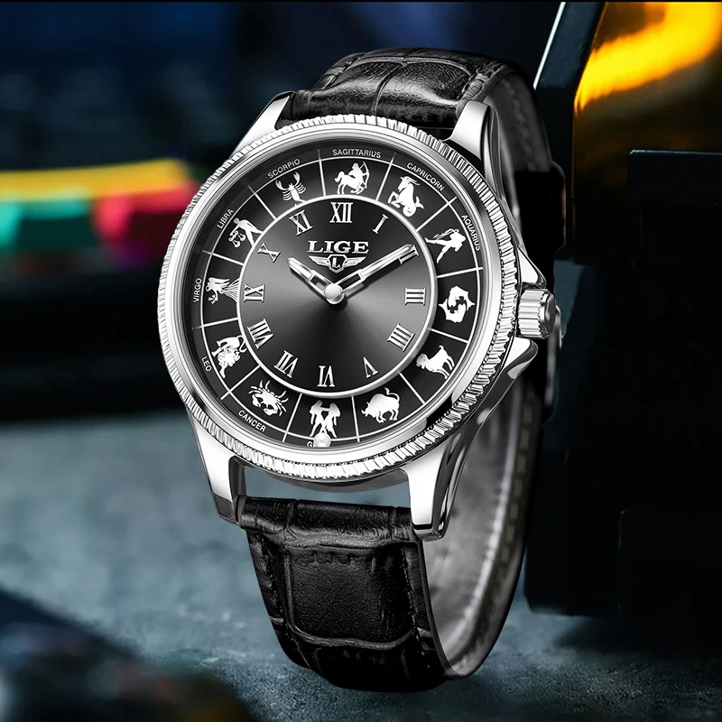 LIGE Casual Luxury Man Watch Outdoor Fashion Casual Leather Strap Constellation Dial Waterproof Quartz Watches for Men Gifts Box