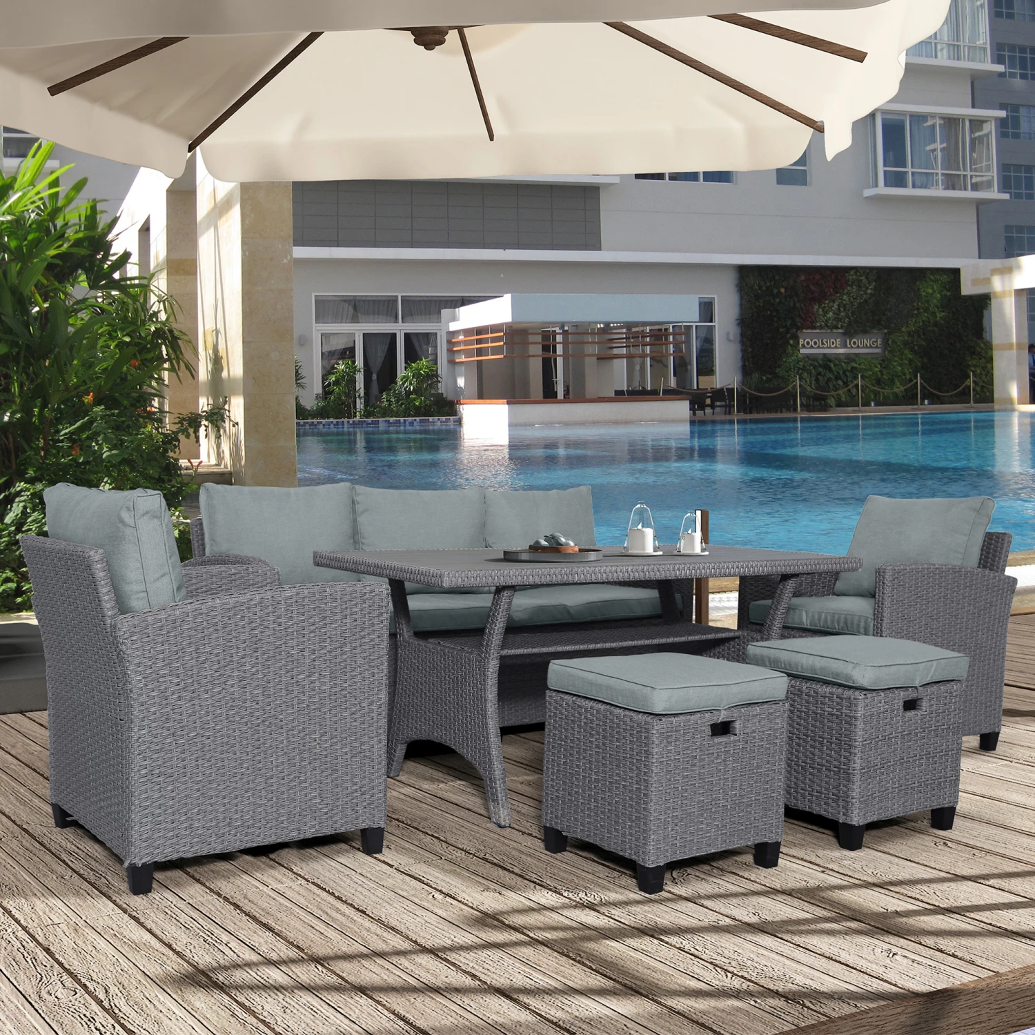 

Outdoor Rattan Wicker Set with Sofa, Chair, Stools, and Table - Gray Rattan + Gray Cushion