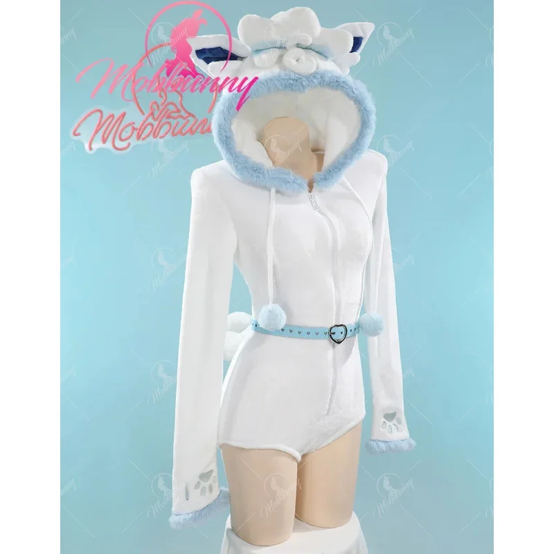Mobbunny PM مشتق رقيق Bodycon رومبير مثير الملابس الداخلية أبيض أزرق فروي مقنعين ارتداءها مع حزام الذيل والجوارب
