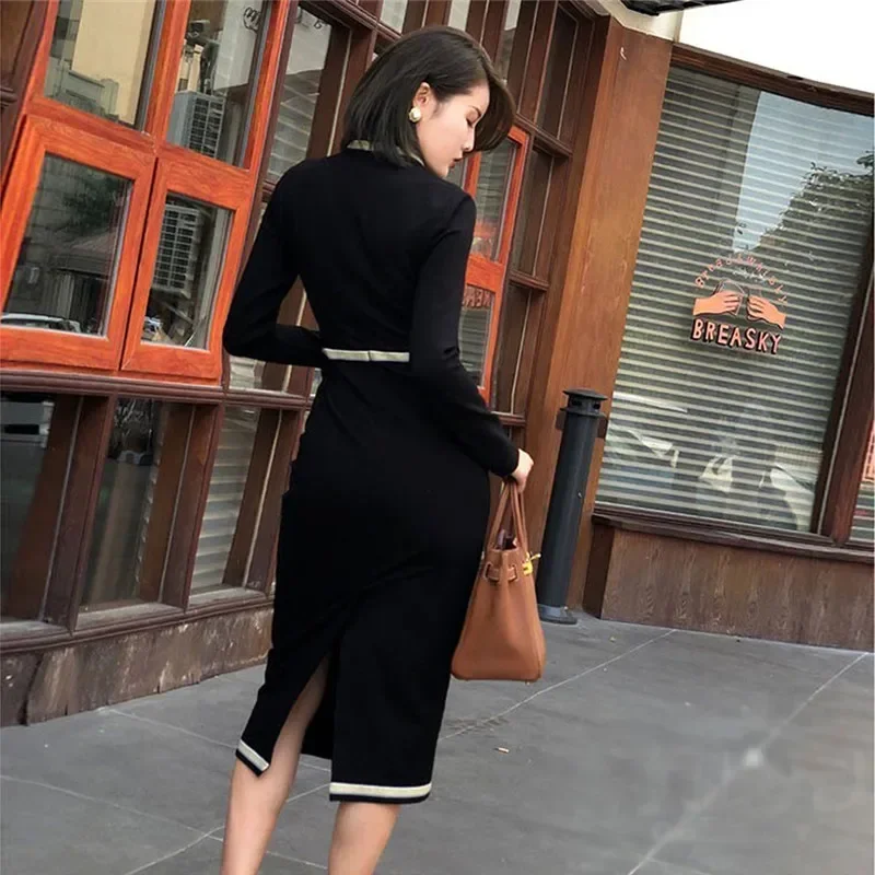 Korea Autumn Winter New 2024 Women Long Sleeve Zip Bright Silk Screw Thread Spliced Button Thick Fabric Black Slit Bodycon Dress