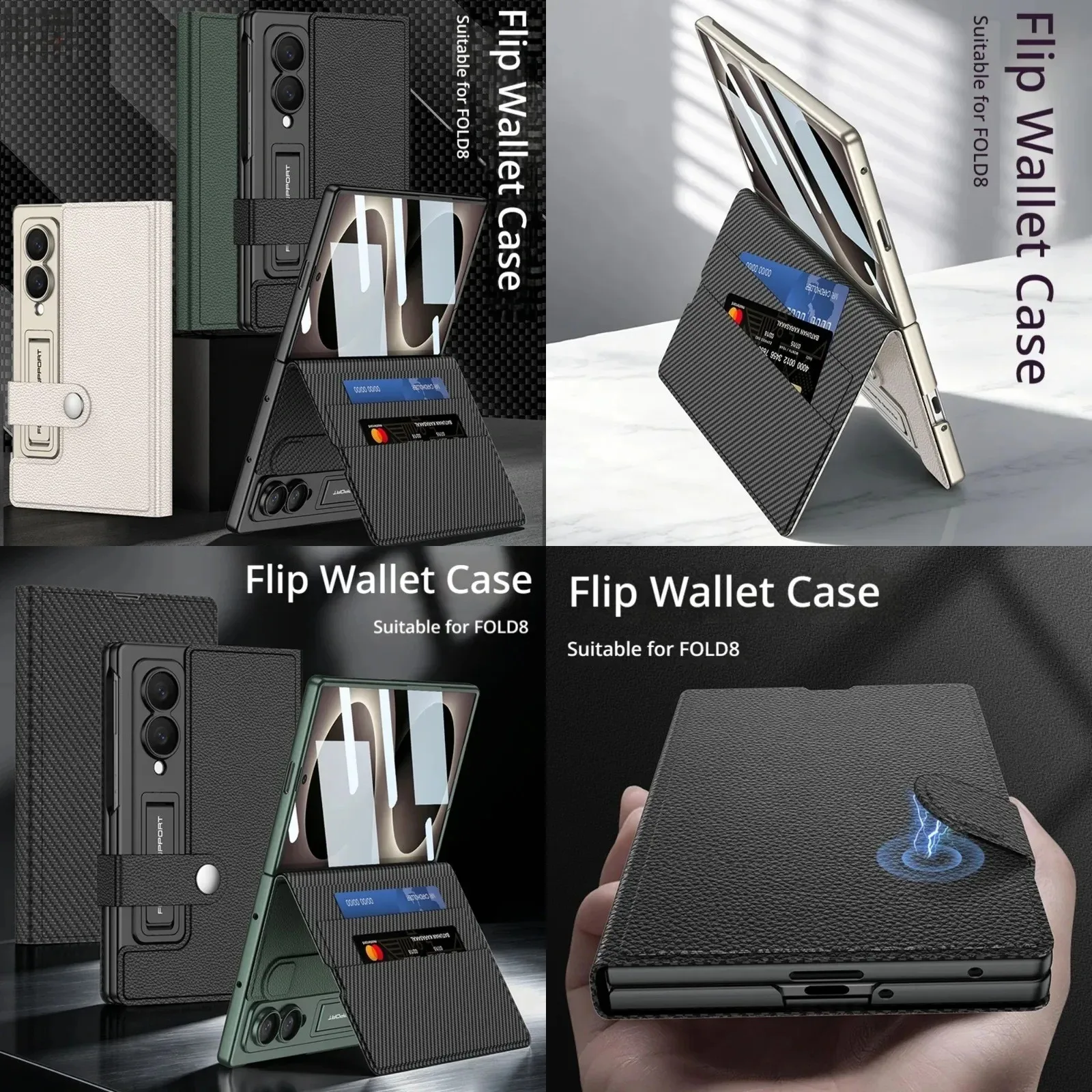Book Flip Leather Credit Cards Pocket Case for Samsung Galaxy Z Fold 8  Solid Color Wallet Tempered Glass Flim Back Cover
